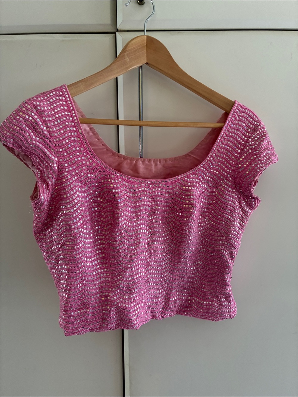 Pink Sequin Scoop Neck Crop Top